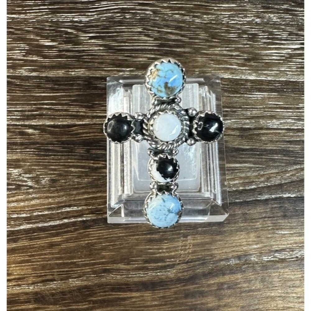 Southwest Sterling Silver Golden Hills Turquoise /White Buffalo Cross Ring 8 Adj